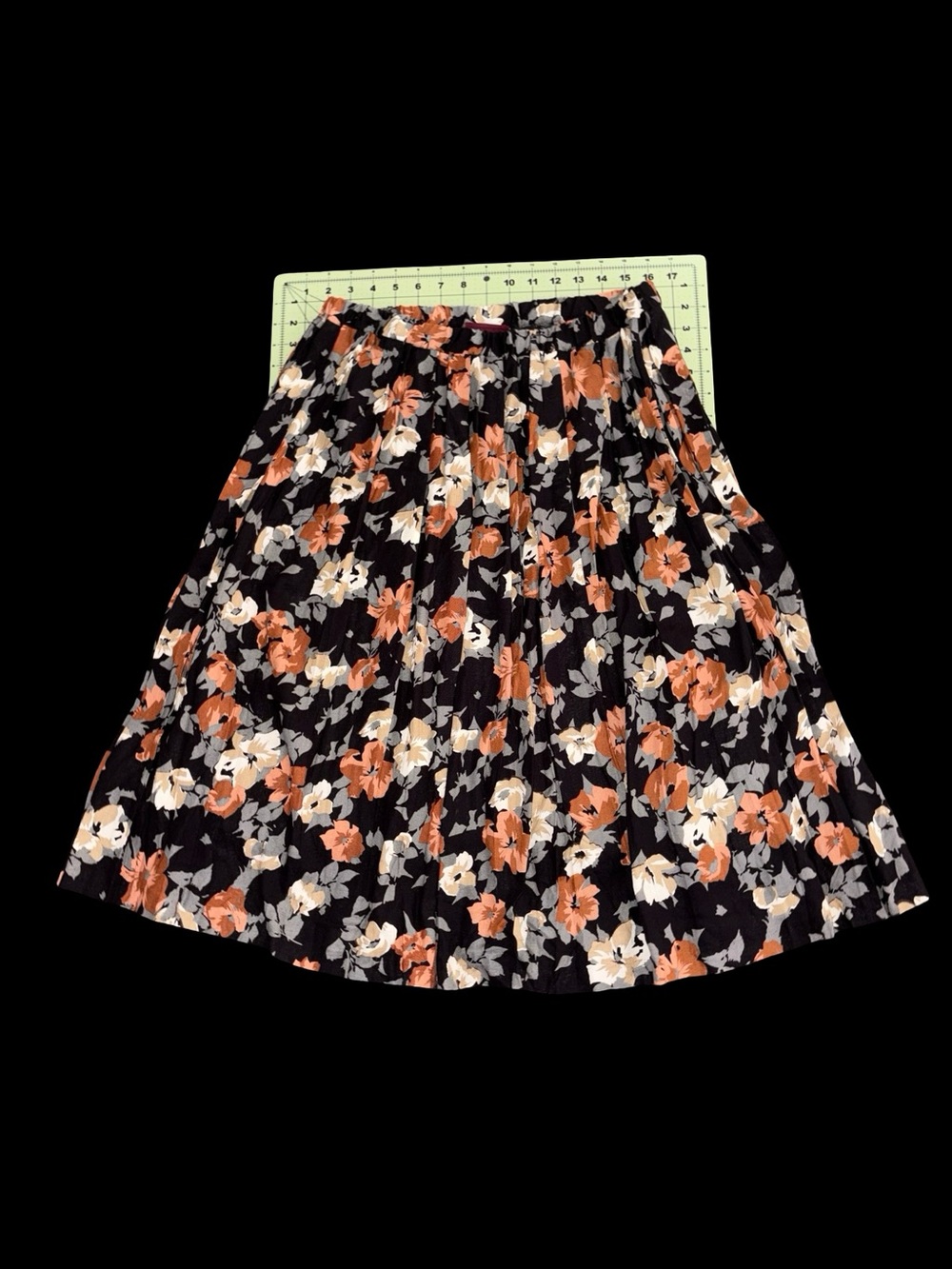 Vintage Halmode Petites Floral Pleated Midi Skirt Large Black Rayon USA Made